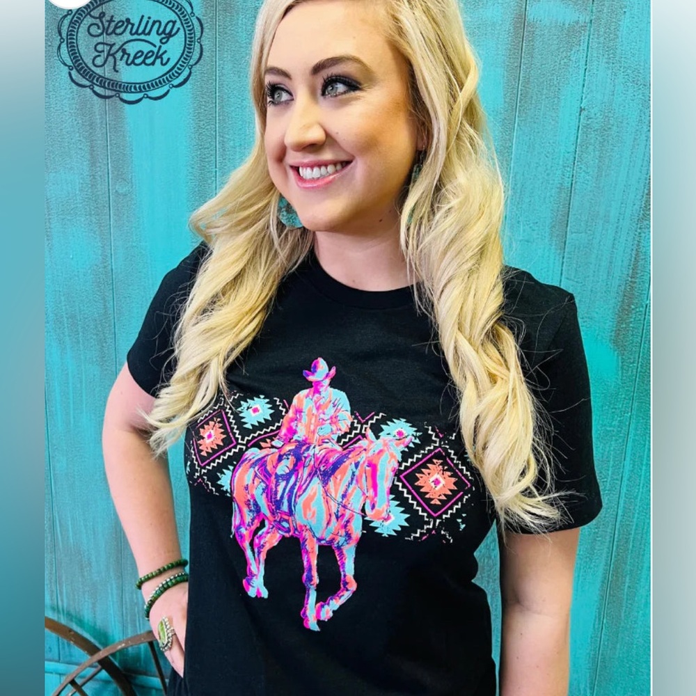🩵🩷💜🧡Sterling Kreek Neon To The Fire Tee Black Bella Canvas Cowboy Design